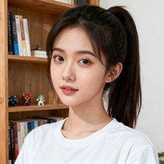 一位扎马尾的年轻女性玩家头像，穿着白色T恤，身后是书架